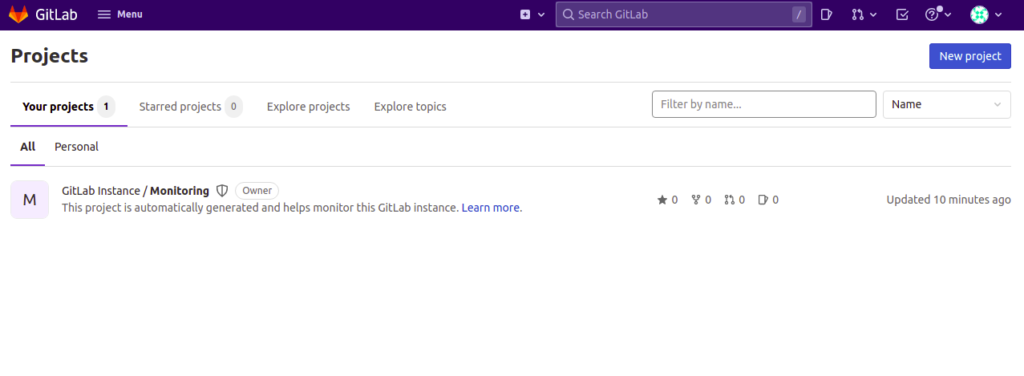 GitLab dashboard page