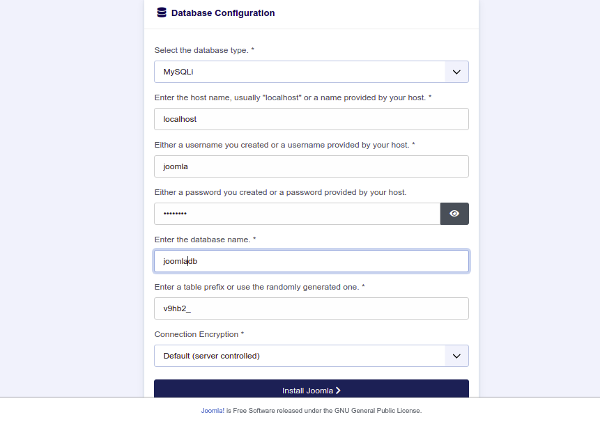 Joomla database configuration page