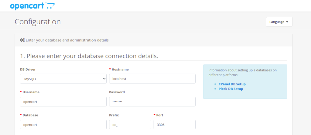 OpenCart database configuration page