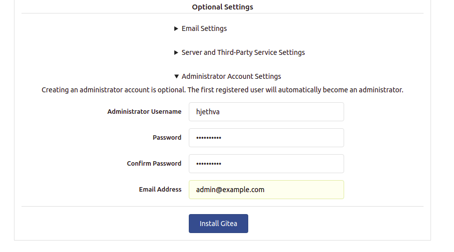 Gitea admin user settings