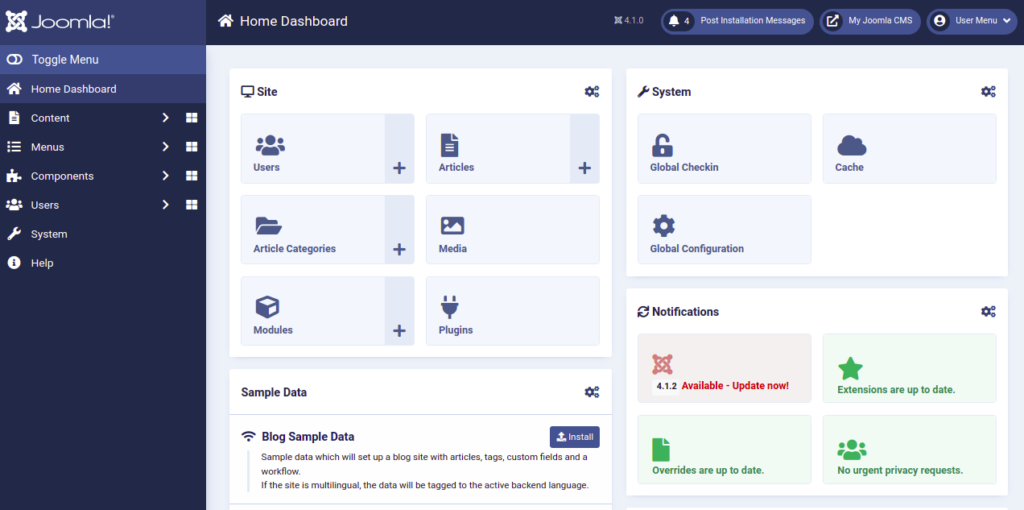 Joomla Dashboard Page