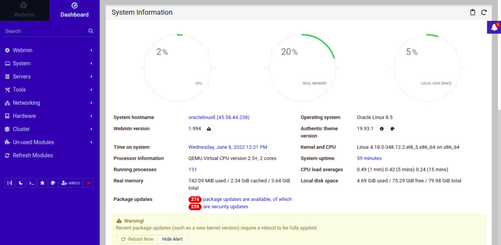 Webmin dashboard