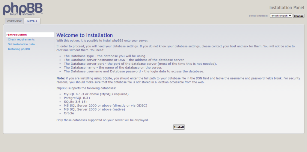 phpBB installation page