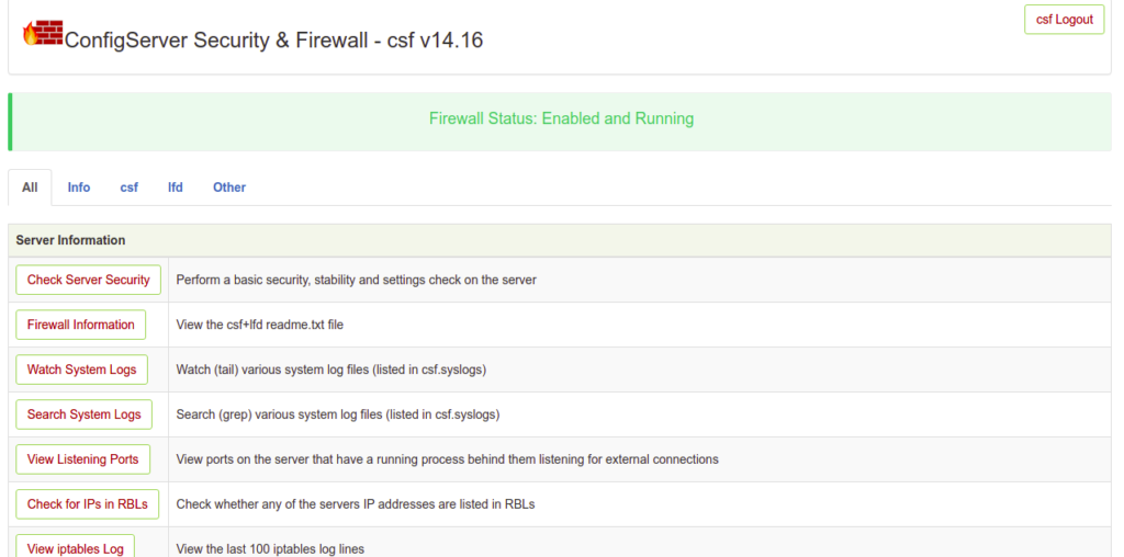 CSF dashboard page