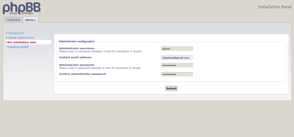 phpBB admin user creation page