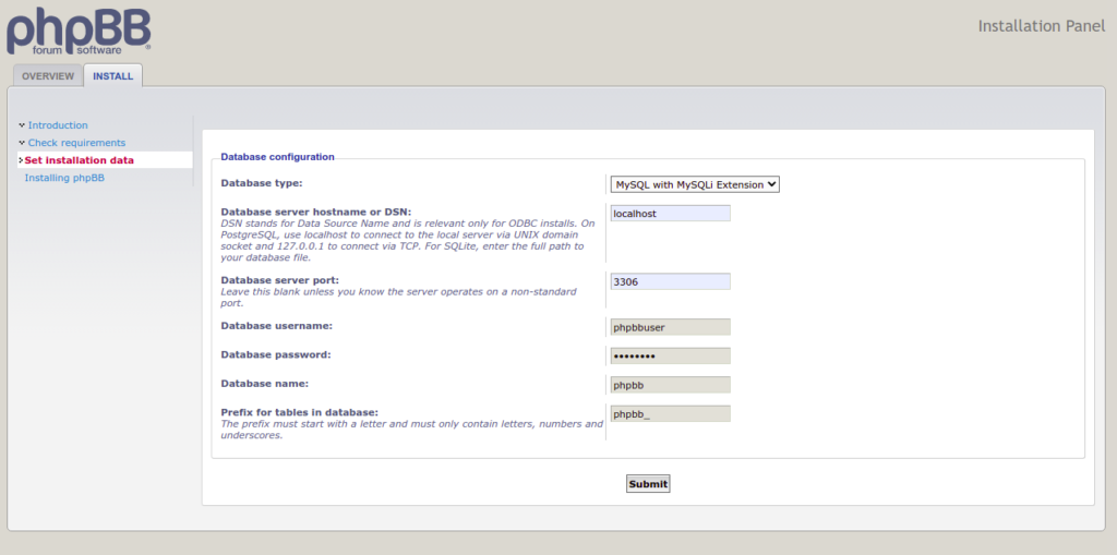 phpBB database creation page