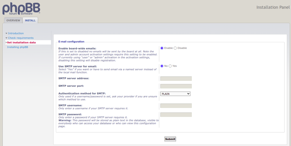 phpBB email configuration page