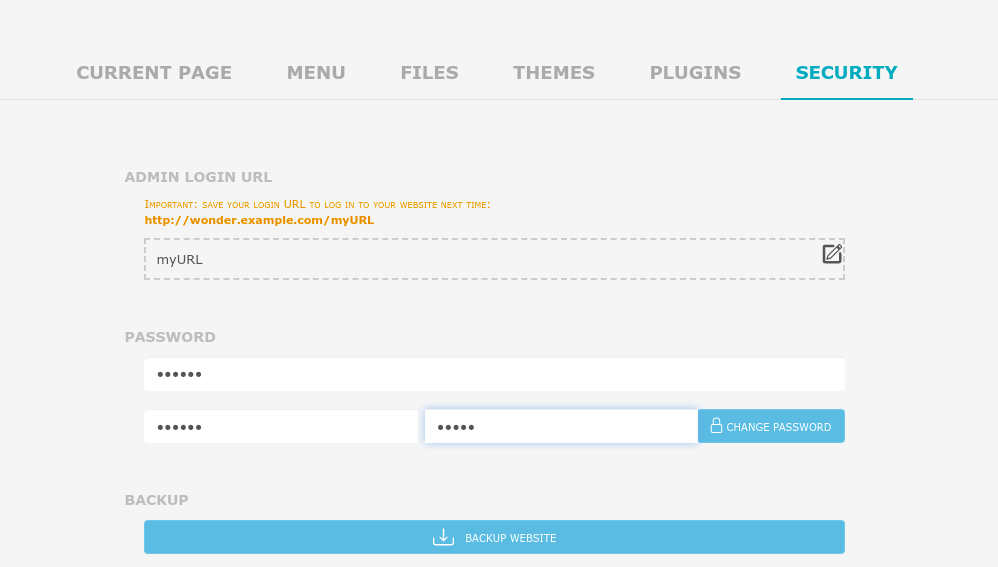 WonderCMS change password and url page