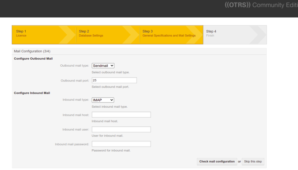 OTRS smtp configuration page