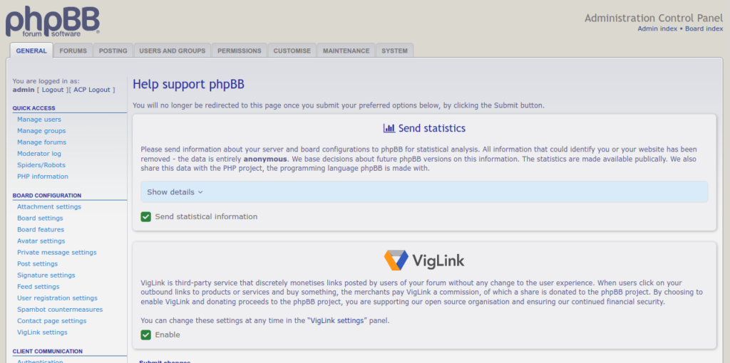 phpBB dashboard page