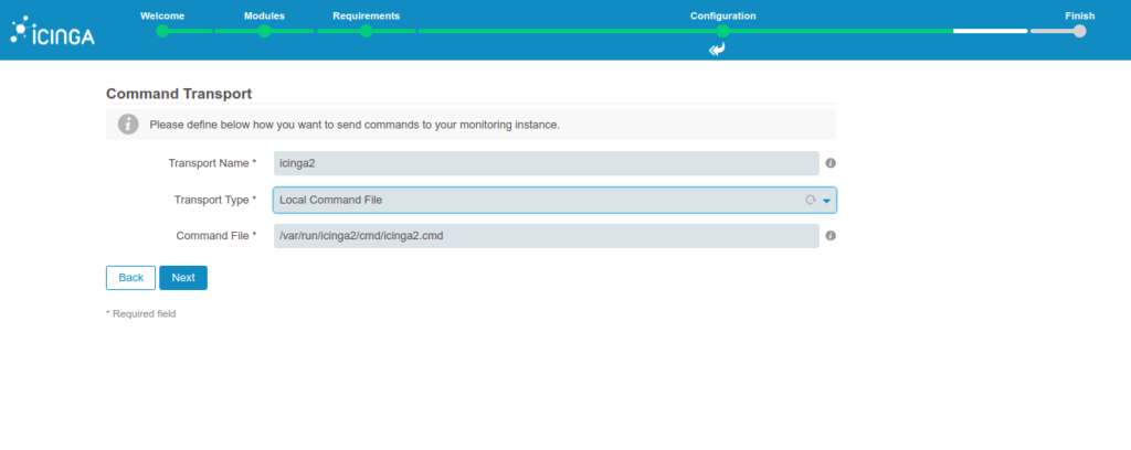 Icinga 2 configure command transport page