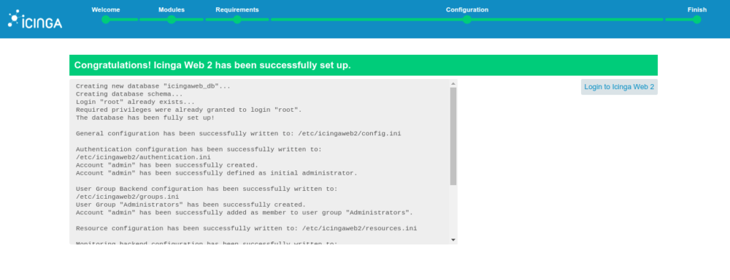 Icinga 2 installation finished page