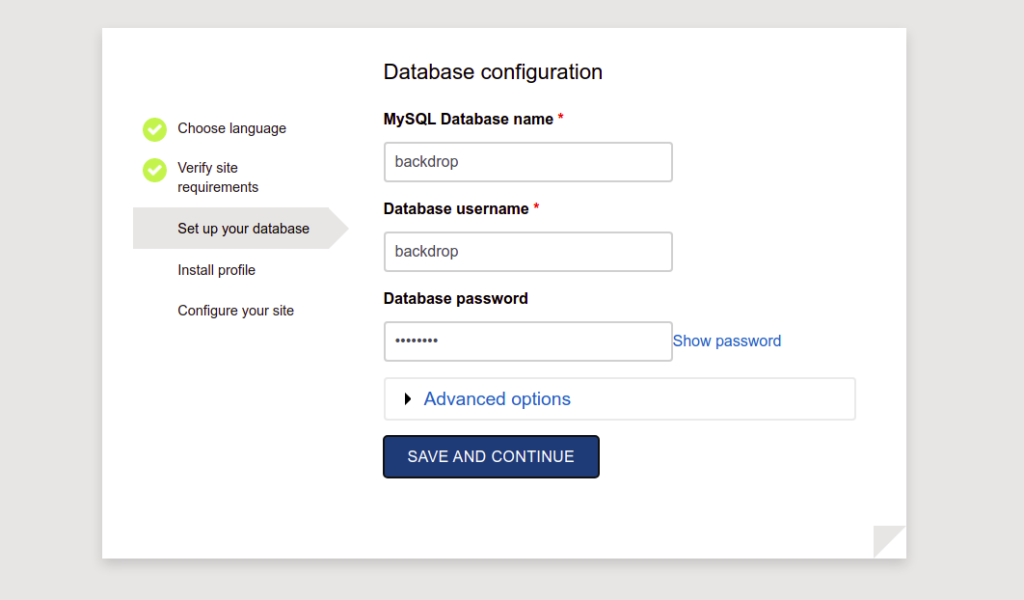 Backdrop cms database configuration page