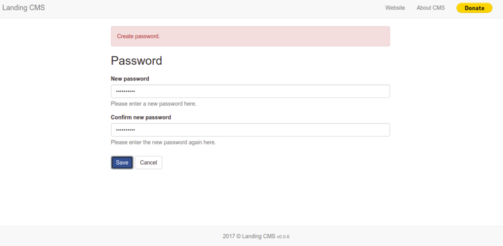 Landing CMS set password page