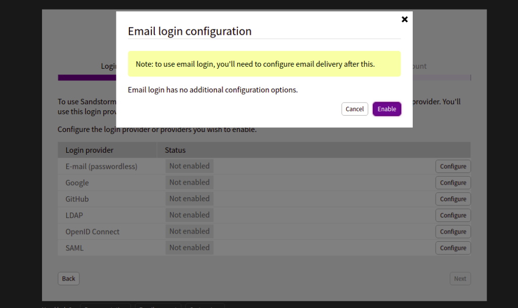 Sandstorm enable email