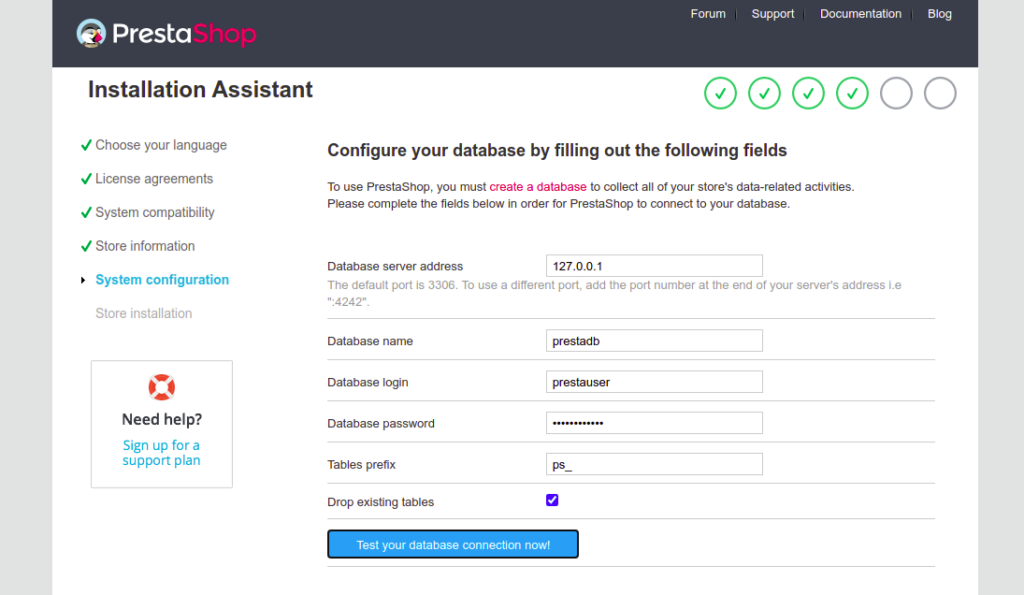 Prestashop database information page