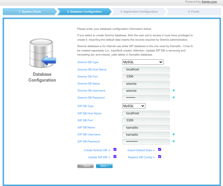 Siremis database configuration page