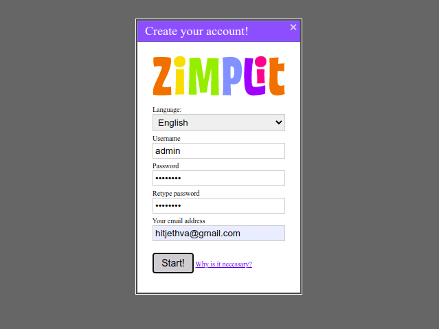Zimplit user creation page