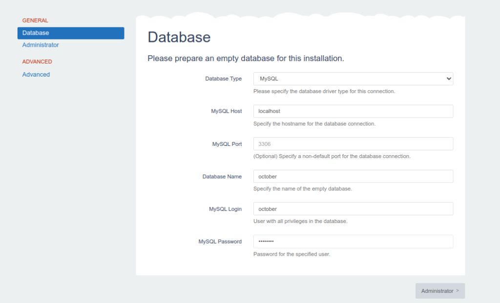 October database configuration page