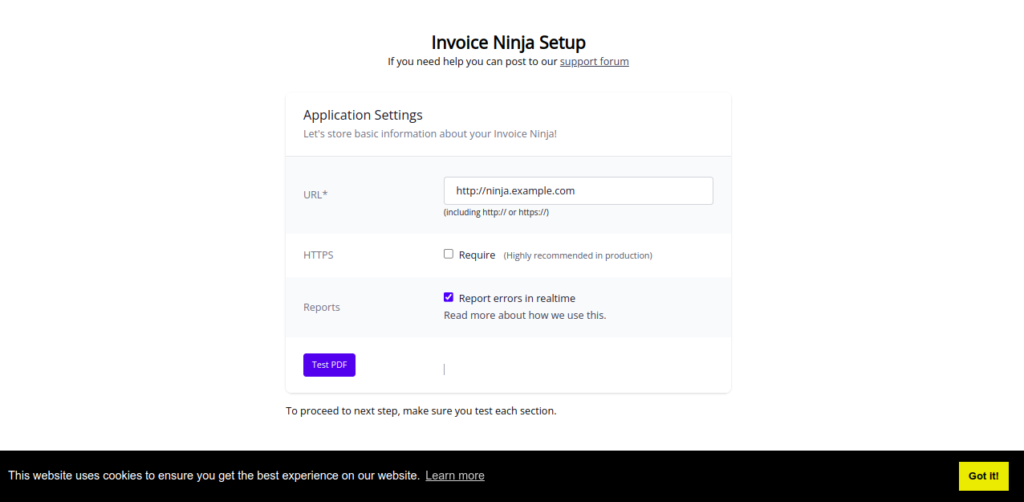 InvoiceNinja setup page