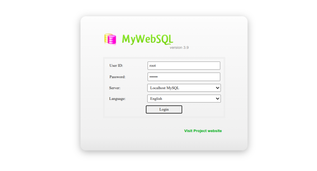 MyWebSQL login page