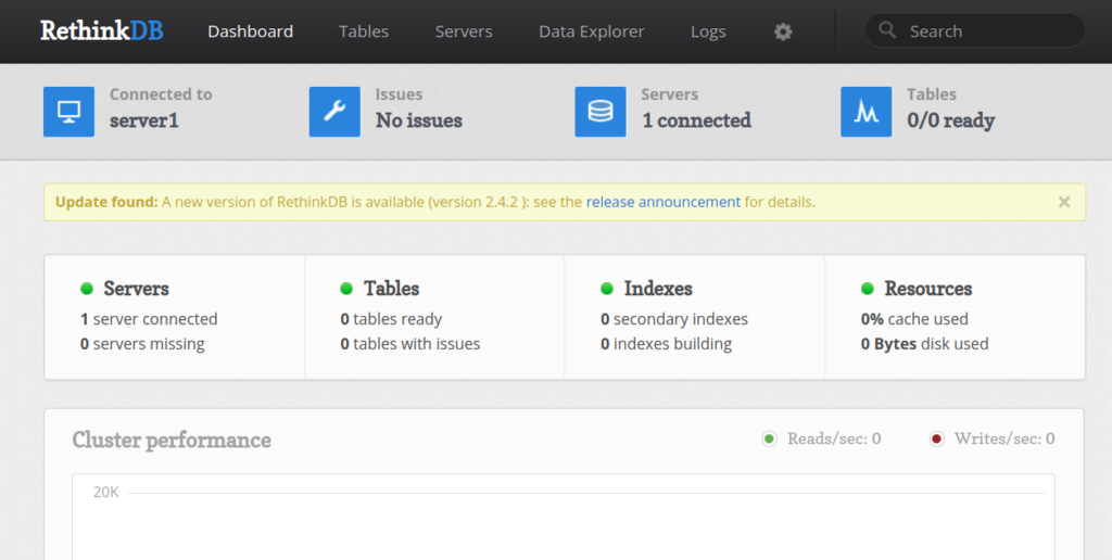 Rethinkdb dashboard page