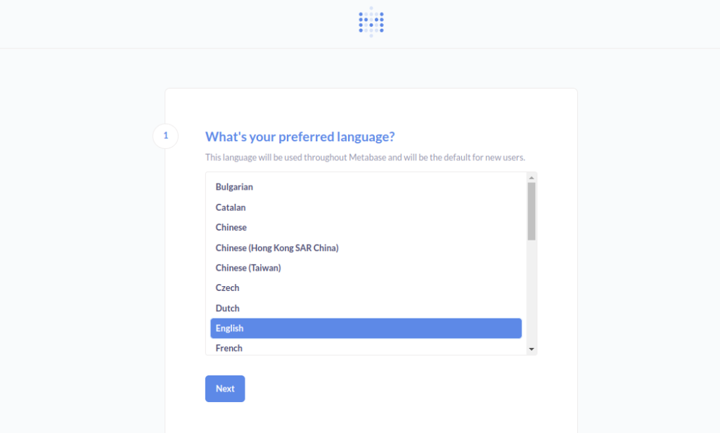 Metabase language selection page