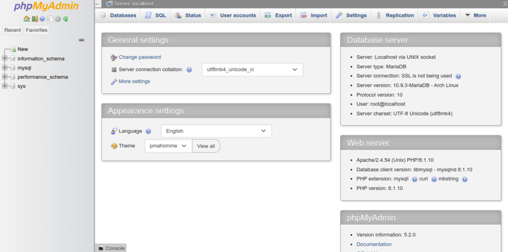 phpMyAdmin dashboard page