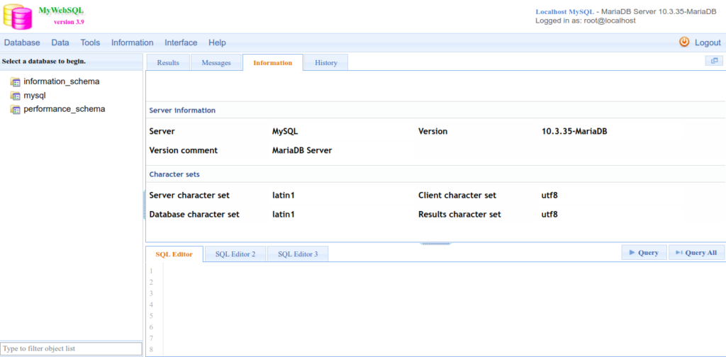 MyWebSQL dashboard page