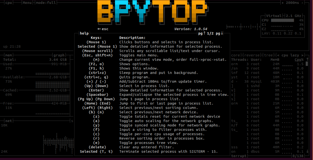 Bpytop keyboard shortcut page