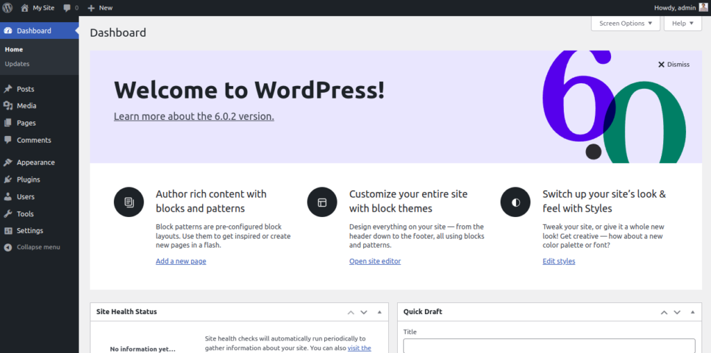 WordPress dashboard page