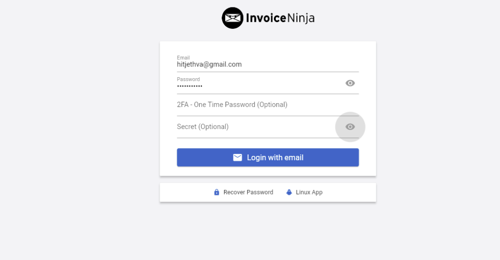 InvoiceNinja login page