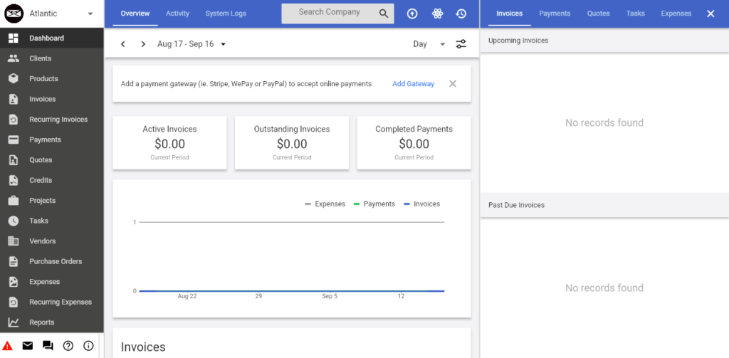 InvoiceNinja dashboard page