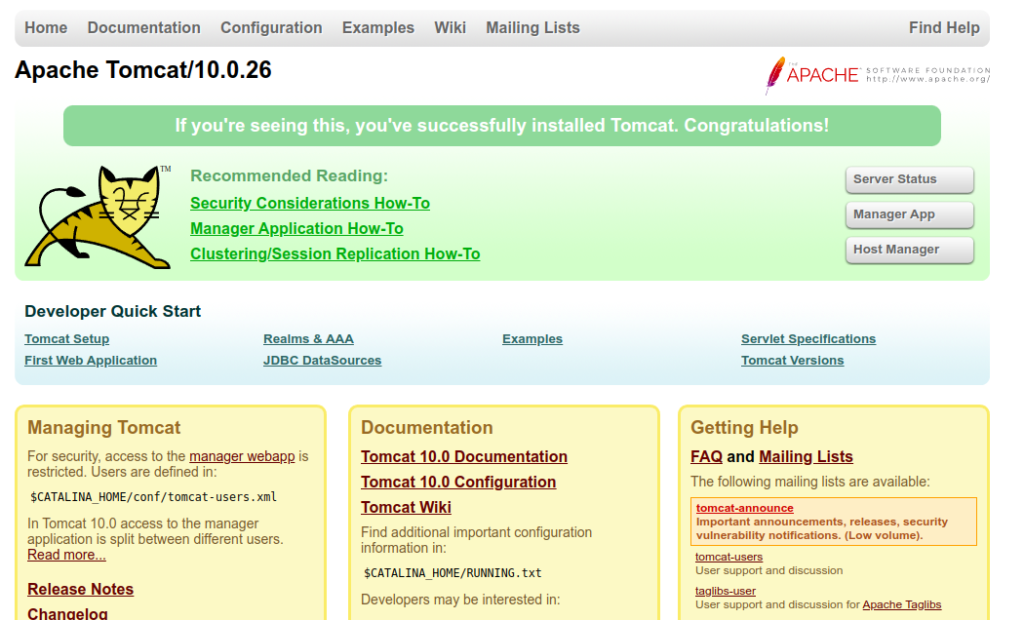 Tomcat dashboard page