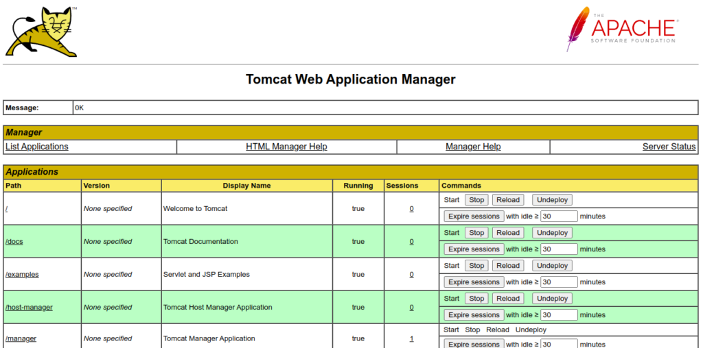 Tomcat manager app dashboard