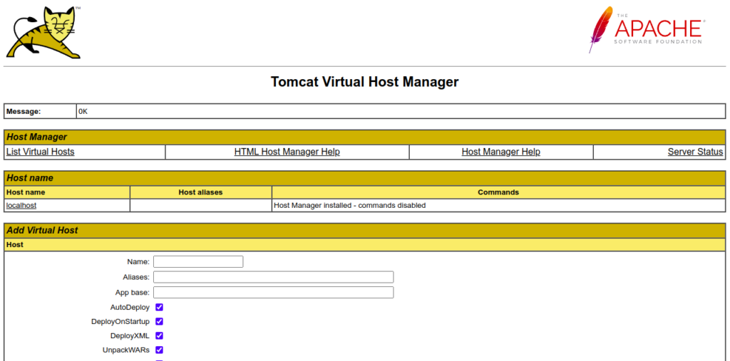 Tomcat host manager dashboard