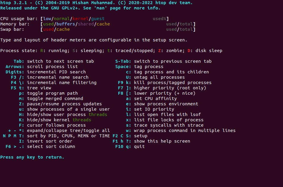 Htop help information