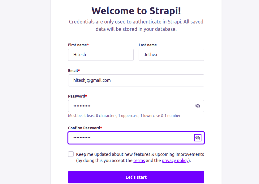 Strapi registration page