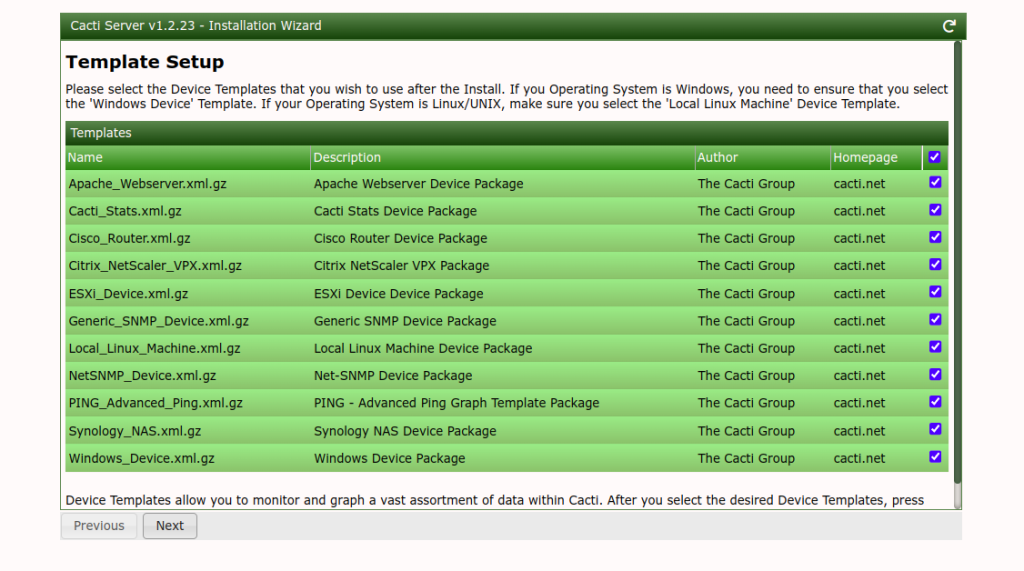 Cacti template setup screen