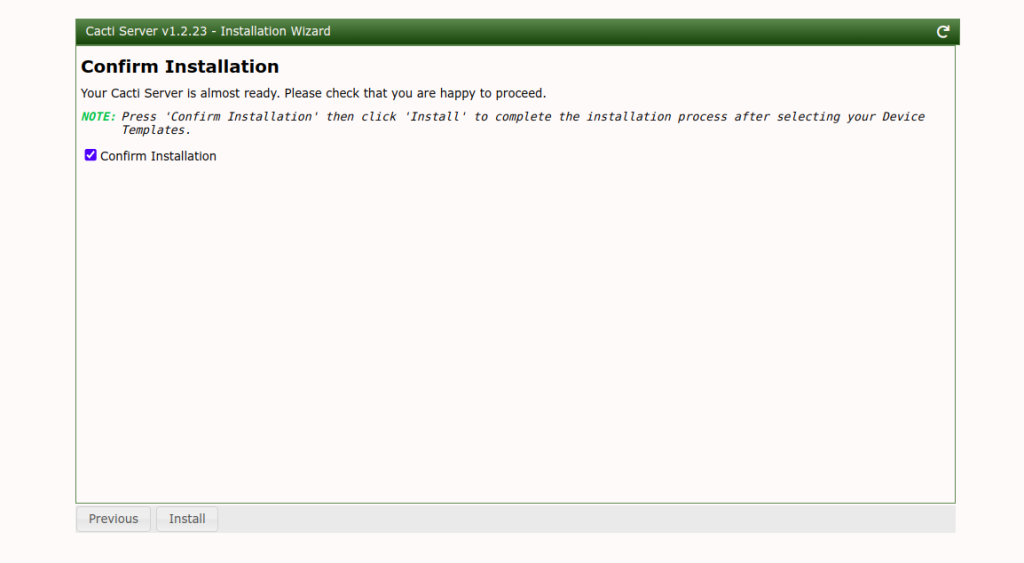Cacti confirm installation screen