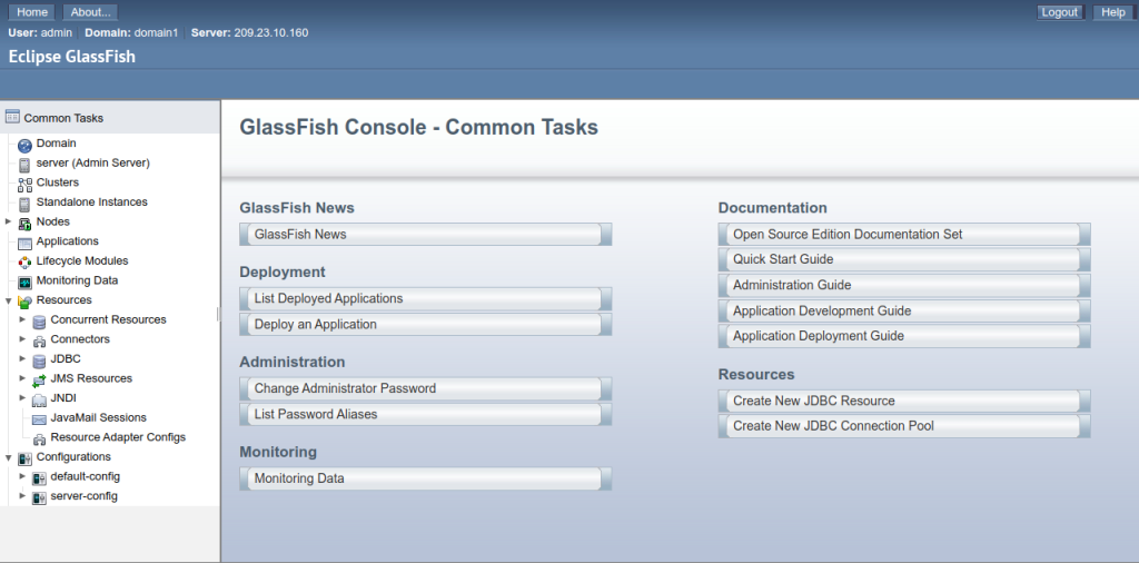 Glassfish dashboard page