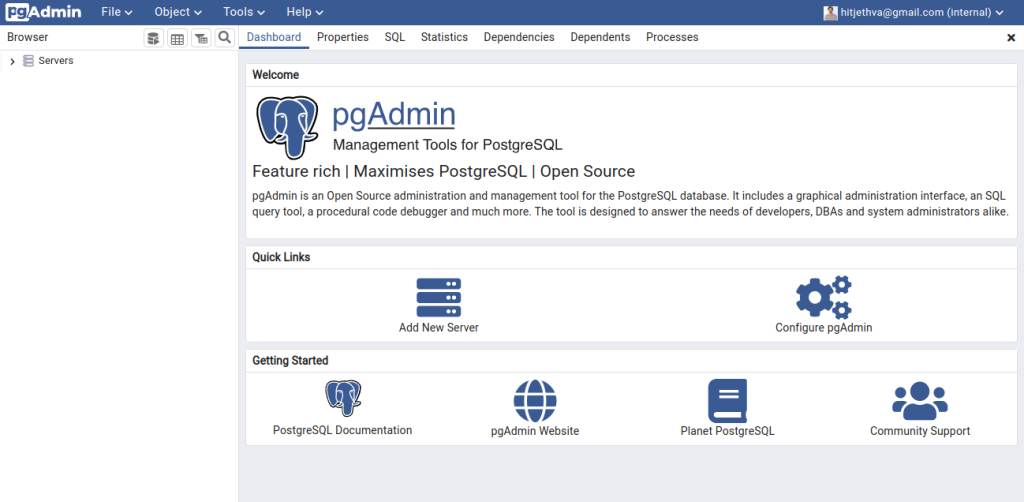 pgAdmin dashboard page