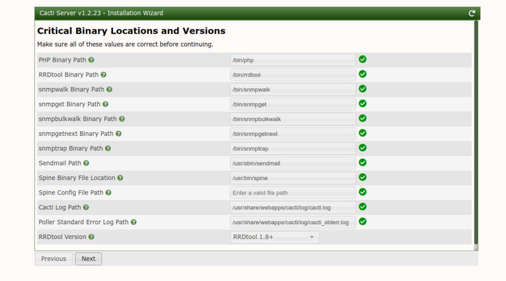 Cacti binary location check screen