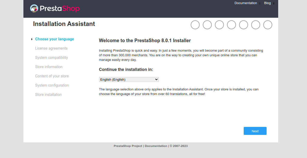 PrestaShop language selection screen