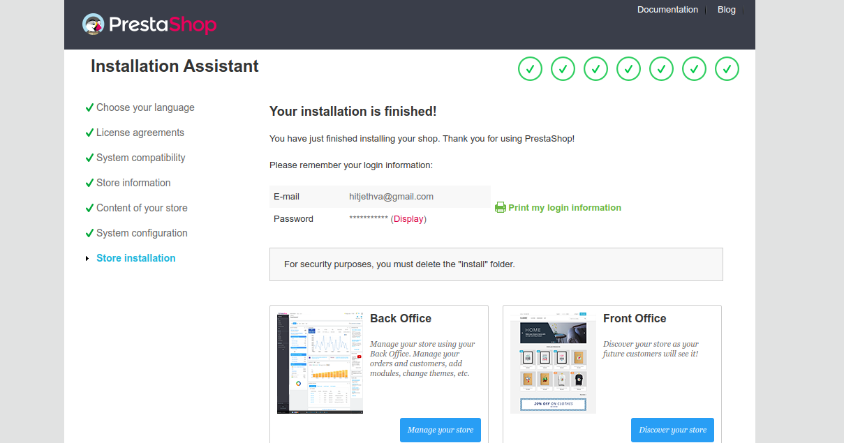 prestashop installation done