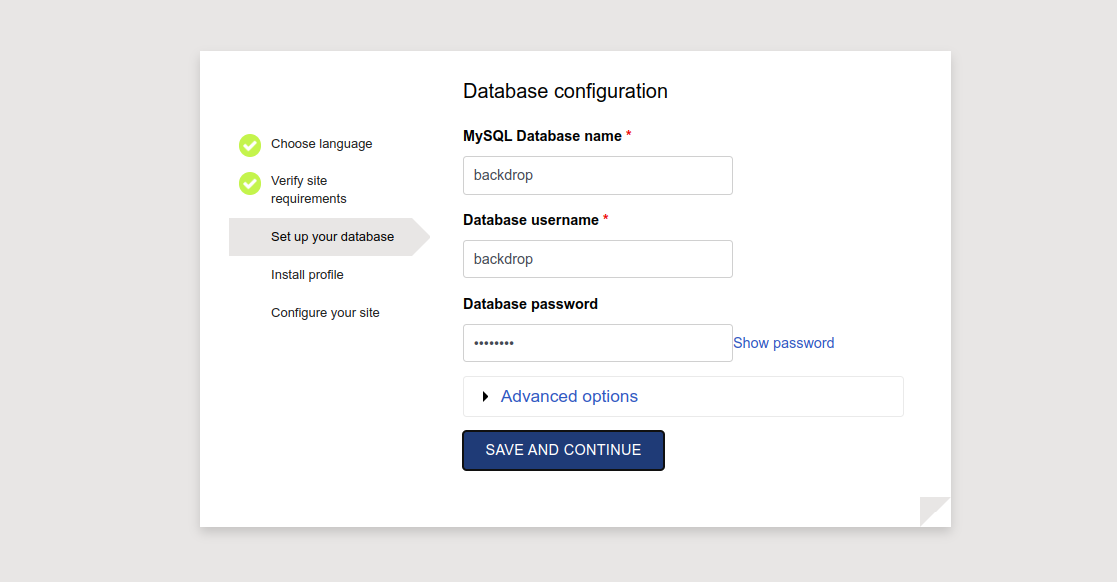 backdrop cms database configuration screen