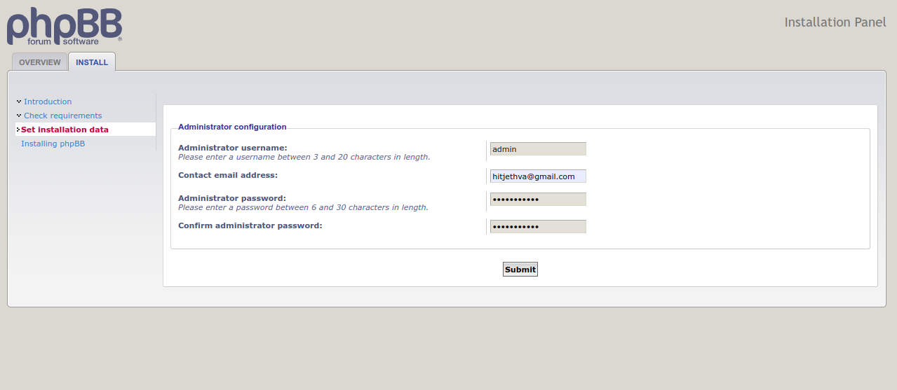 phpBB admin creation Screen