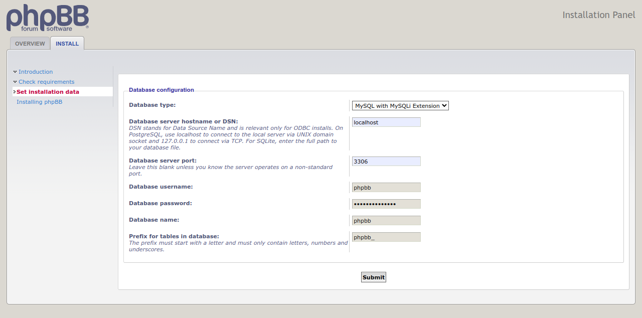 phpBB database creation Screen