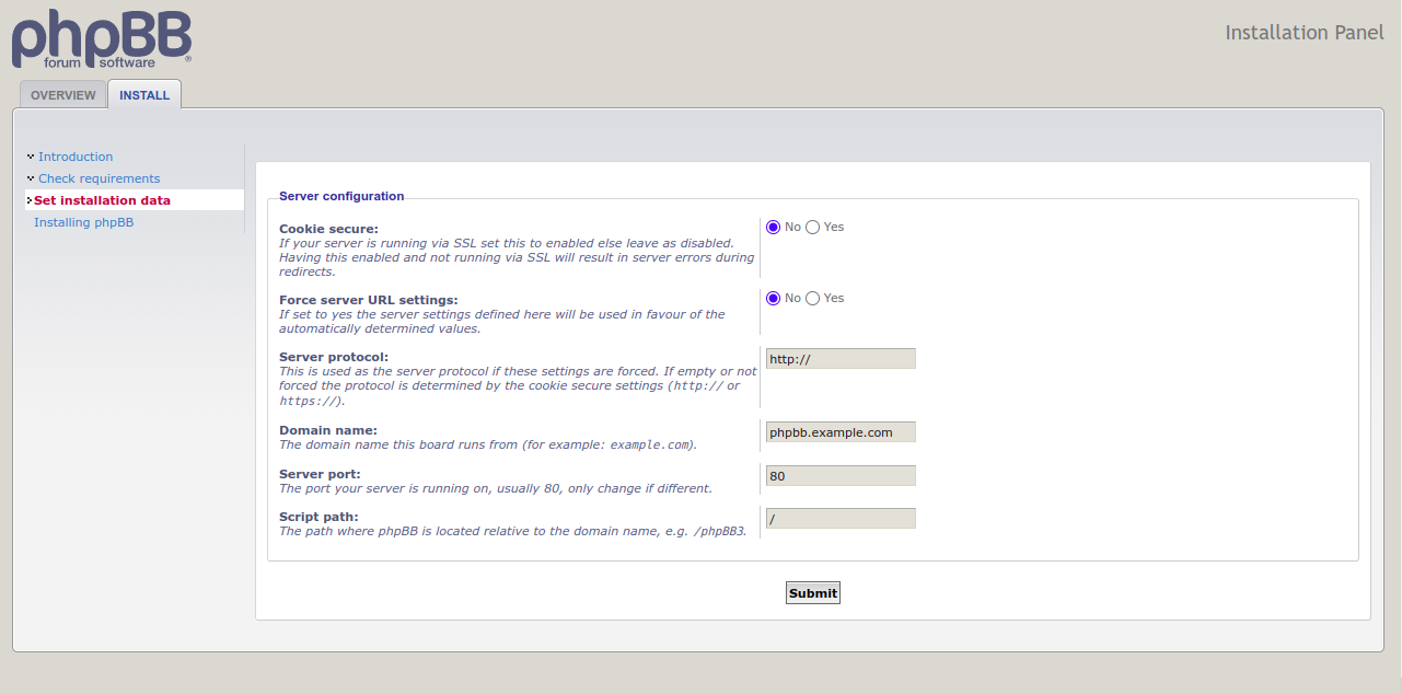 phpBB server configuration Screen