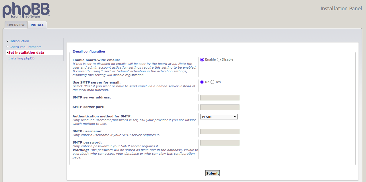 phpBB email configuration Screen